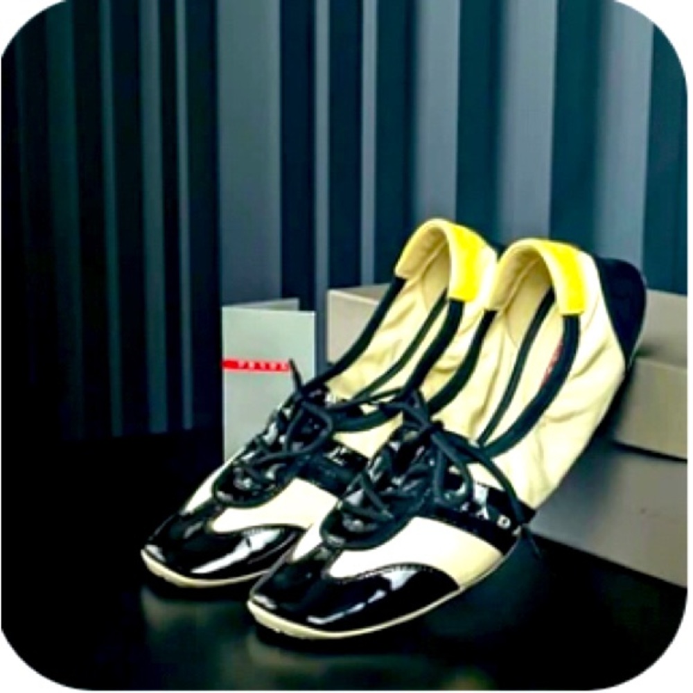 * S O L D *.Prada Sport Black/Yellow Patent Leather Lace Up Ballet Flats Size 40